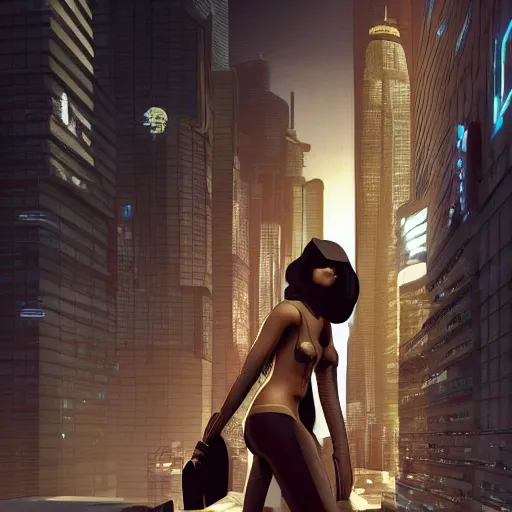 Image similar to a fashion model, creative, brown skin, digital art, photo manipulation, artstation, standing, cyberpunk, giant, street, duck shoes, up there, photoshop