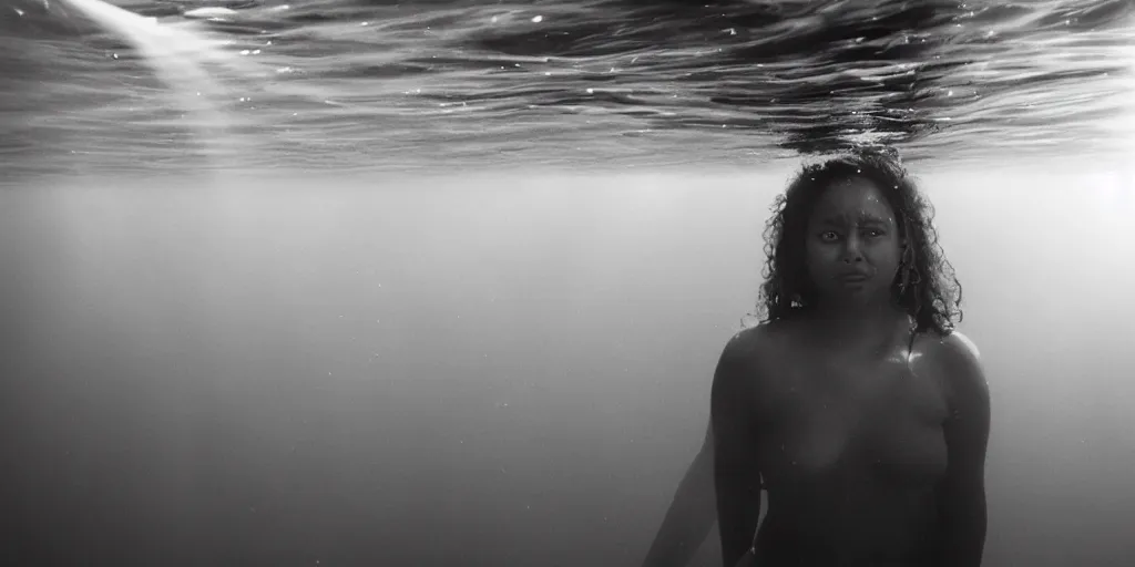 Prompt: portrait of woman of color in deep trench , swimming toward a boat, sun rays ,caustics , 35mm film , cinematic, black and white underwater photography