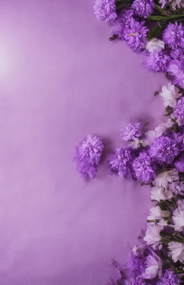 Prompt: light and clean soft cozy background image with soft, light - purple flowers laying on a soft fuzzy white blanket, dreamy lighting, background, cottagecore, photorealistic, backdrop for obituary text