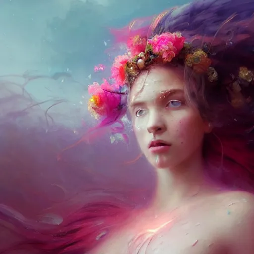 Image similar to cinematic shot epic portrait an flower goddess, glowing eyes, sweaty skin, wet pink flowing hair, flower blurry backround, broad light, ambient occlusion, volumetric light effect, made by ivan aivazovsky, peter mohrbacher, greg rutkowski, matte painting, trending on artstation, 4 k, perfectly defined features, digital painting,