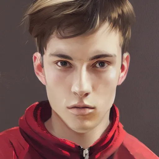 Image similar to Portrait of a man by Greg Rutkowski, he is about 20 years old, british features, straight jaw, attractive, short brown hair with bangs, athletic and strong, gallant, childhood friend vibes, he is wearing red and black utilitarian jumpsuit, highly detailed portrait, digital painting, artstation, concept art, smooth, sharp foccus ilustration, Artstation HQ.