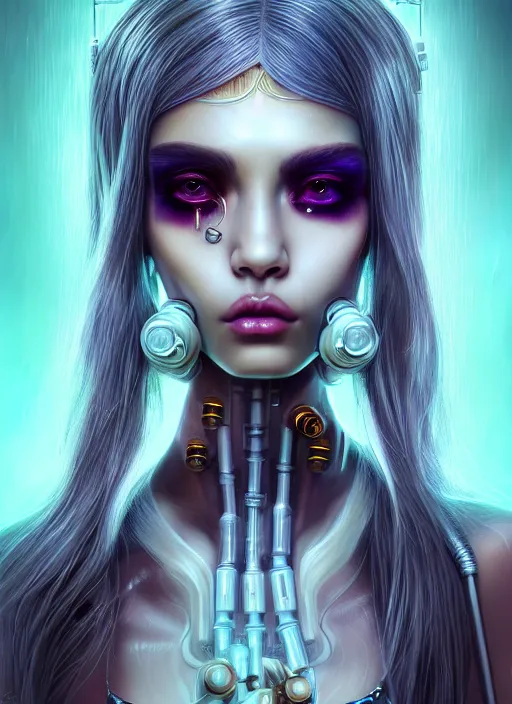 Image similar to soft lustrous ivory biotech raver clowncore madison beer gothic cyborg, earbuds, golden ratio, details, sci - fi, fantasy, cyberpunk, intricate, decadent, highly detailed, digital painting, ever after high, octane render, artstation, concept art, smooth, sharp focus, illustration, art by artgerm, loish, wlop