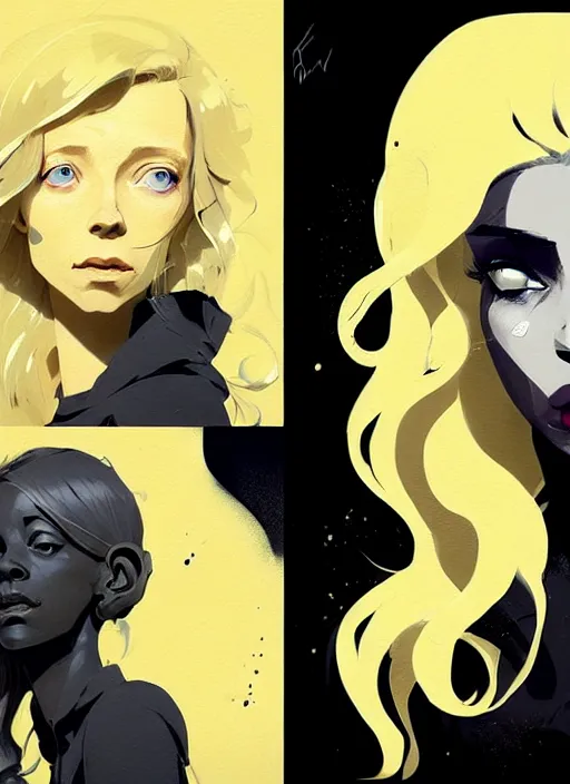 Prompt: highly detailed closeup portrait of beautiful portia doubleday, blonde wavy hair, angela moss, black suit by atey ghailan, by greg rutkowski, by greg tocchini, by james gilleard, by joe fenton, by kaethe butcher, gradient yellow, black and white color scheme, grunge aesthetic!!! ( ( graffiti tag wall background ) )