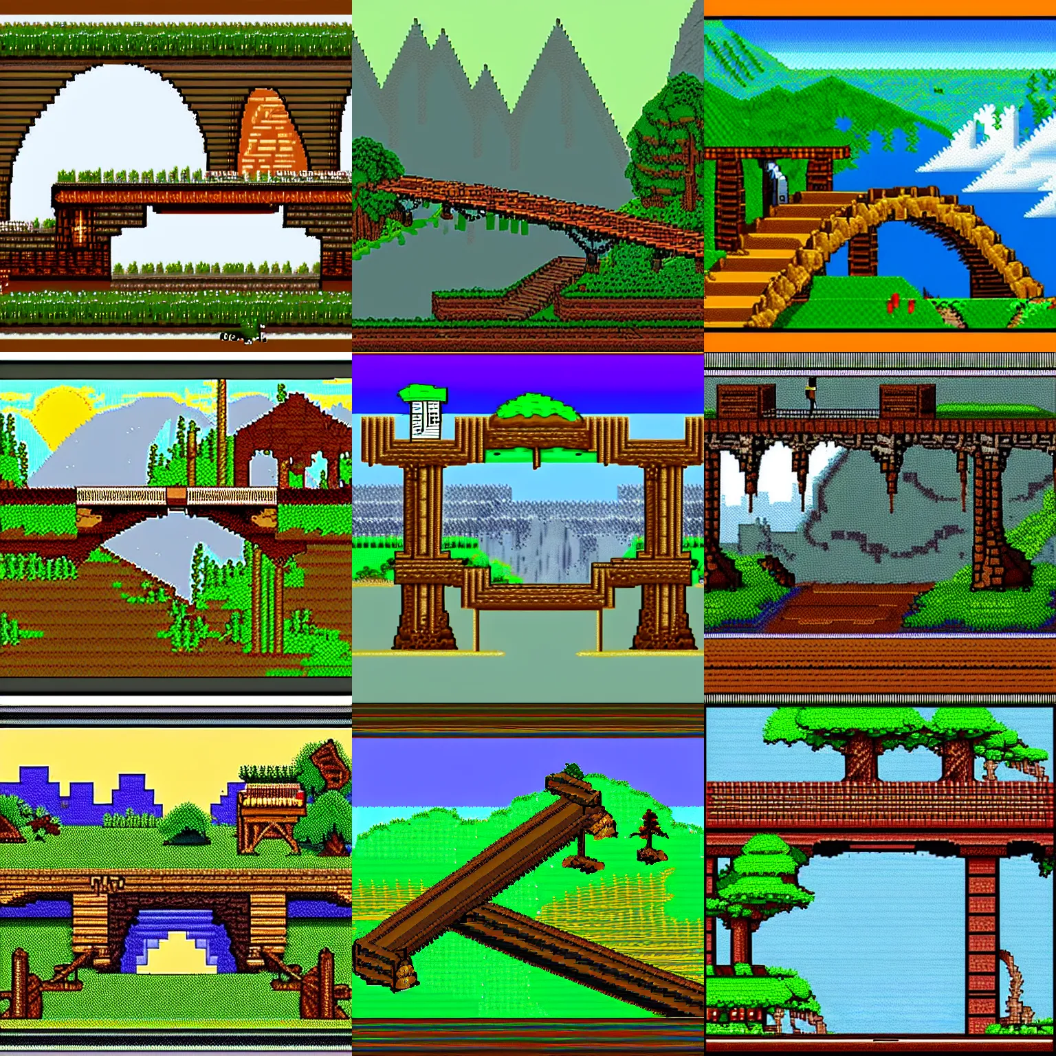 Prompt: Bridge leading to the city on the misty mountain, pixel art, fantasy, Fable, adventure game from 1992