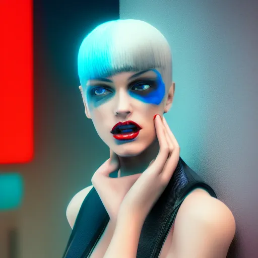 Image similar to Model-looking woman in color, cyberpunk era 2077, red hair, coral lips blue shadow, Edward Hopper style