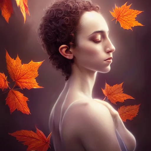 Image similar to gorgeous stella maeve magician, realistic character concept, bird's eye overhead shot, elegant pose, spooky, illustration, symmetrical face and body, volumetric lighting, detailed realistic symmetrical eyes, 8 k, joshua middleton, artgerm, tom bagshaw, single face, insanely detailed and intricate elegant, autumn leaves