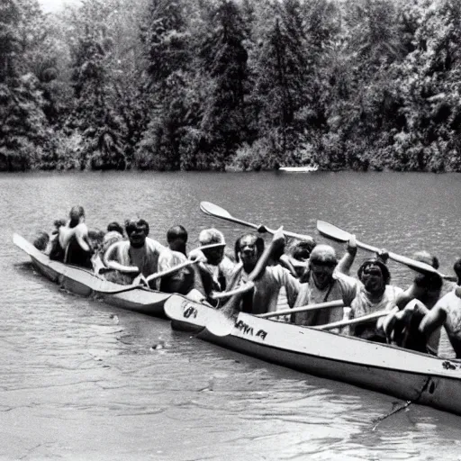 Image similar to a horrible eldritch being made of canoes and canoe paddles, eerie photo, 1 9 8 0 s nostalgic camp photo