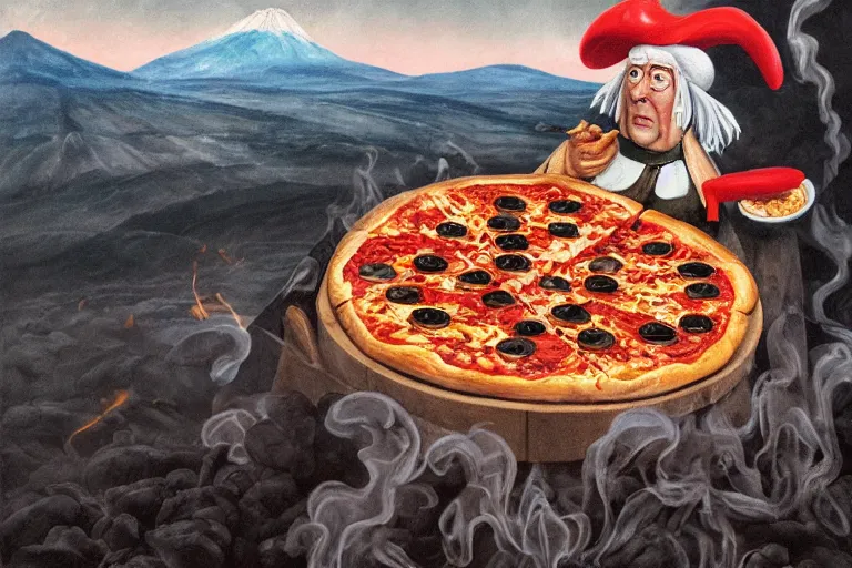 Image similar to a highly detailed pizza! with pulcinella!!! from naples, volcano in the background, black sky, smoke, fire lava, full body, wide angle, an ultrafine detailed painting by rivorio mok, trending on deviantart, whimsical, lowbrow, perfect symmetrical face, sharp focus, octane, masterpiece