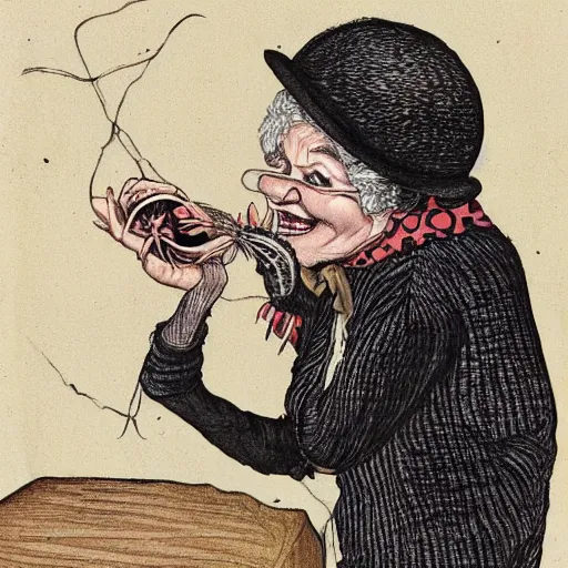 Image similar to an old woman happily swallowing a spider,