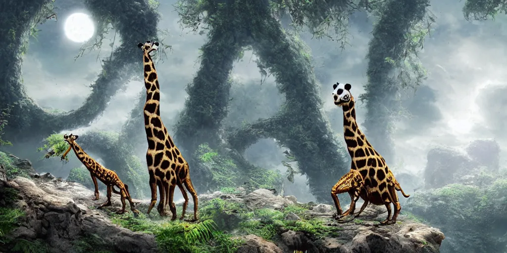 Image similar to alien giraffe panda frog on alien planet, lowbrow, 8 k, matte painting,