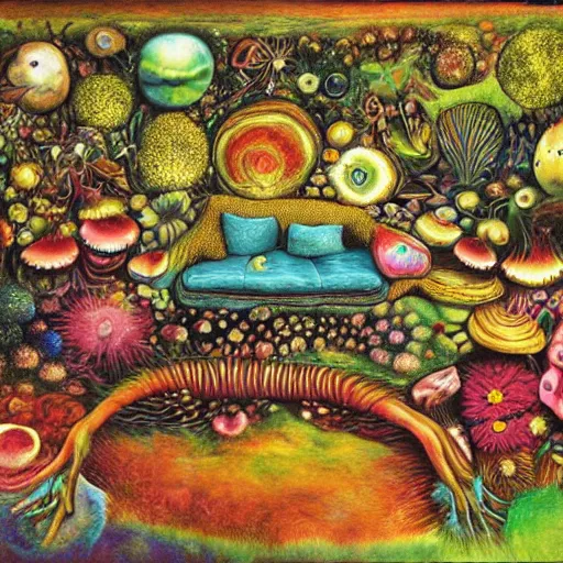 Image similar to psychedelic trippy couch in the lush forest, planets, flowers, mushrooms milky way, sofa, cartoon by giuseppe arcimboldo