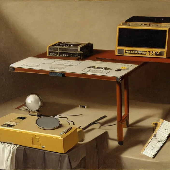 Image similar to still life painting of a retro electronics supercomputer desk workstation by pieter claesz, oil on canvas, strong lighting, highly detailed, hyper realism, golden hour, god rays, hd, 4 k