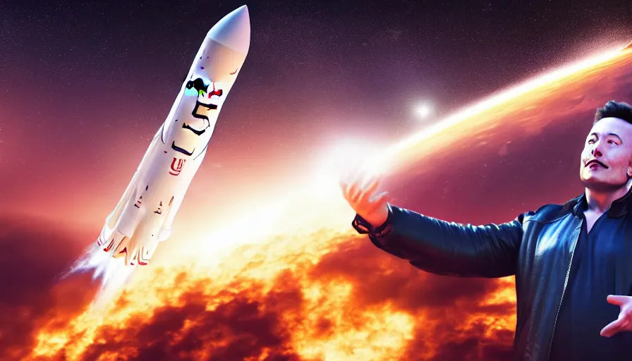 Prompt: elon musk god sits on the throne, rockets spacex take off in the background, fine details, digital art, volumetric lighting, cinematic light, photorealistic, 4 k, perfect face, fine details,