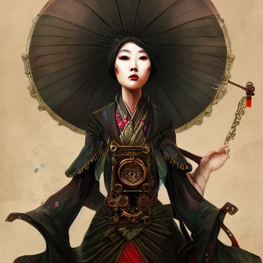 Prompt: steampunk Chinese lady with umbrella, detailed, digital painting, concept art, smooth, sharp focus, illustration, by Anato Finnstark, Tom Bagshaw, Brom