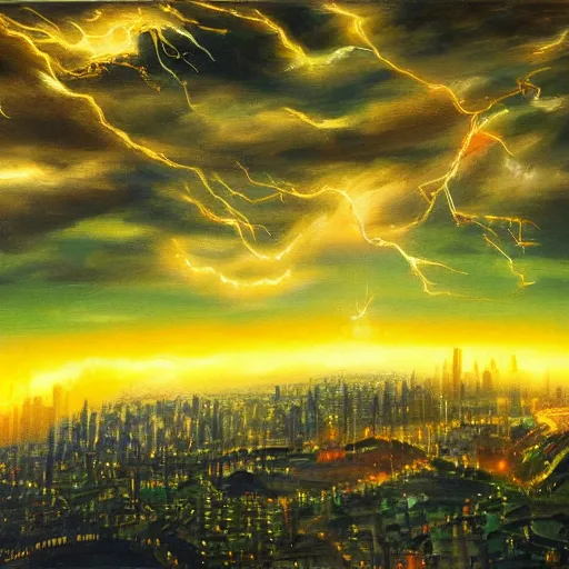 Image similar to beautiful oil painting of golden eastern dragon alone in sky, green lightning, night clouds, above city