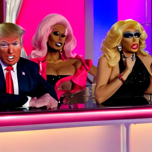 Image similar to donald trump as a guest judge on ru paul's drag race