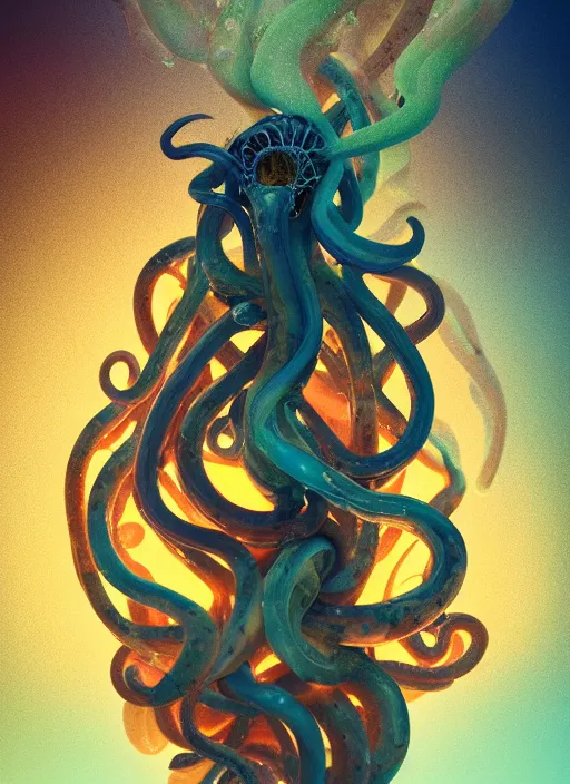 Image similar to subsurface scattering, medusa made of soft wax, cgsociety, translucent, organic squid and ceramic art nouveau swirls, golden orbs, colored smoke, in the style of alberto seveso and ruan jia and beeple and giger, mystical colors, back light, rim light, dramatic lighting, 8 k, stunning scene, raytracing, octane render