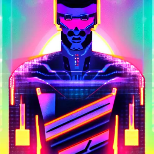 Image similar to cyborg half human, synthwave art