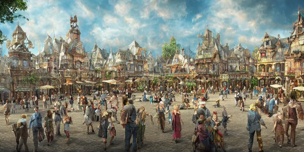 Prompt: beautiful matte painting of a fantasy town square