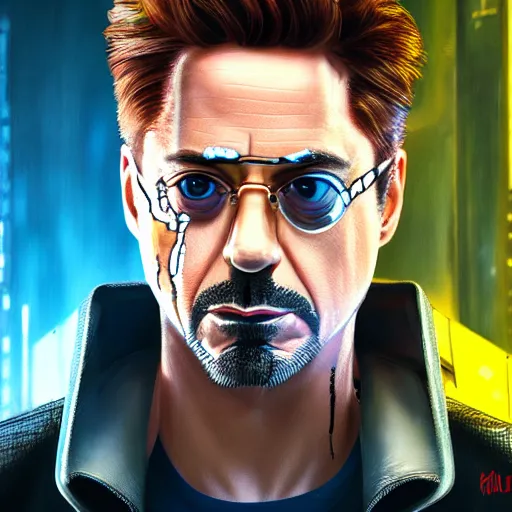 Image similar to robert downey jr portrait, Cyberpunk 2077, cyberpsycho, photorealistic, ultra detailed, neon, octane, bokeh, cyber, cyberpunk city, feature, scars, cyberface, 8k