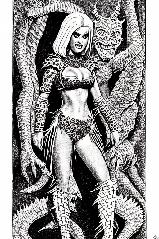 Image similar to katy perry as a d & d monster, full body, pen - and - ink illustration, etching, by russ nicholson, david a trampier, larry elmore, 1 9 8 1, hq scan, intricate details, inside stylized border