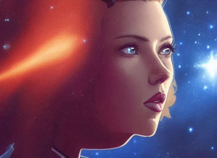 Image similar to a disney film still of scarlett johansson as a star trek officer, finely detailed features, closeup of the face, perfect art, dusk, blue hour, gapmoe yandere grimdark, trending on pixiv fanbox, painted by greg rutkowski, makoto shinkai, takashi takeuchi, alphonse mucha, akihiko yoshida