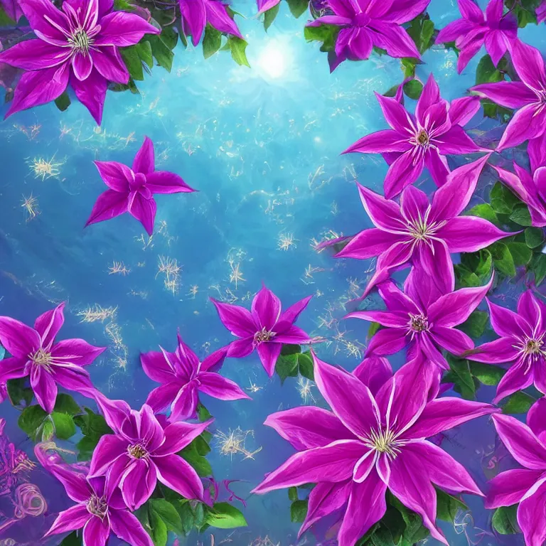 Image similar to clematis theme logo, clematis theme banner, clematis design, clematis in the deep sea, clematis like stars in the sky, trending on artstation, warm light, lovely and cute, fantasy art, 8 k resolution, highly detailed