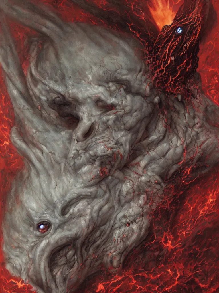 Image similar to wayne barlowe painting of a flying sorrowful looking severed human head with tears running down it's eyes, face that is chalk white in color, with long white tentacles stemming from it's neck, fiery scorching red eyes, background sprawling terrifying hellish cave with lava flowing through it's walls, 4 k