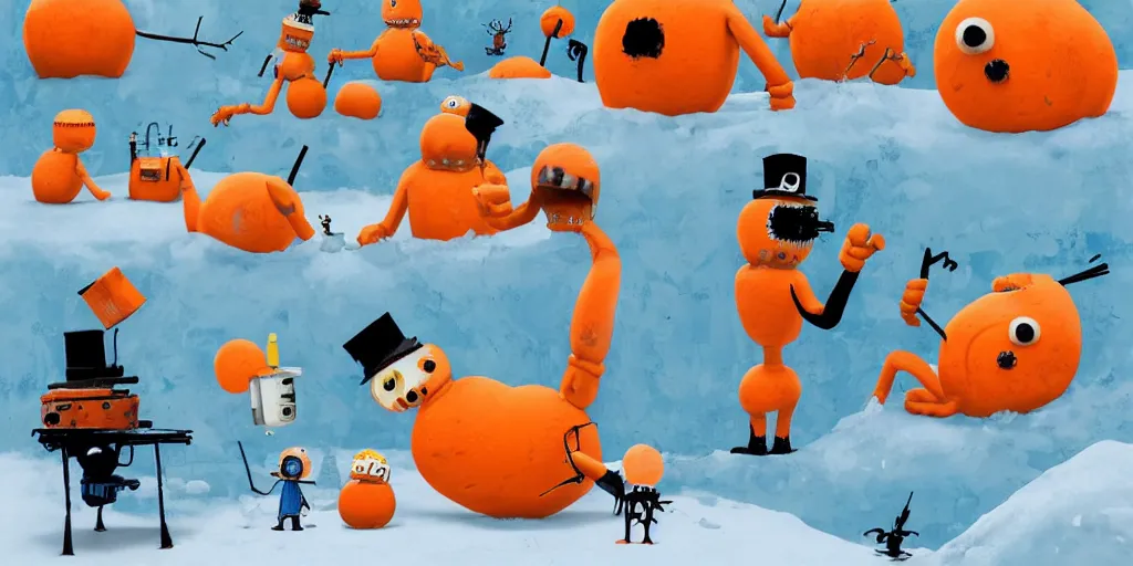 Prompt: cute orange and blue cartoon monsters building snowmen by Goro Fujita and Simon Stalenhag and Salvador Dali and Banksy and Basquiat, 8k, highly detailed, cinematic