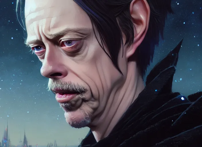 Image similar to a film still portrait of steve buscemi elven king, finely detailed features, cinematic lighting, perfect art, night cyberpunk city, intricate, anime, gapmoe grimdark, artstation, trending on pixiv fanbox, painted by greg rutkowski makoto shinkai takashi takeuchi studio ghibli, akihiko yoshida, 4 k