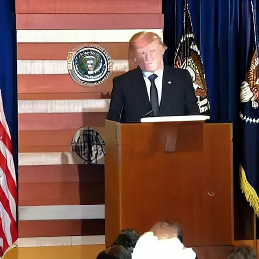 Prompt: press conference with stringed marionette of a president in a podium