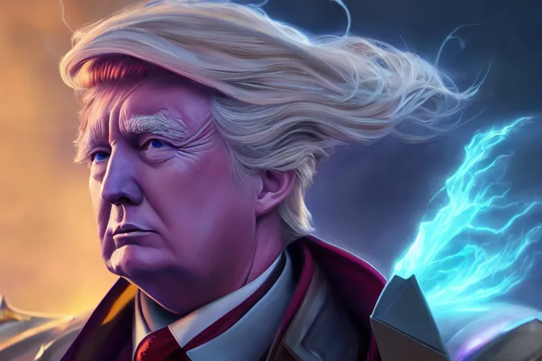 Prompt: portrait of storm wizard donald trump, landscape, illuminated armor, detailed face, rule of thirds, league of legends splash art, path traced, enigmatic lighting, crimson gradient, purple color scheme, shinji aramaki, karol bak, alphonse mucha, colin searle, artstation, ray tracing octane unreal engine 5 digital painting