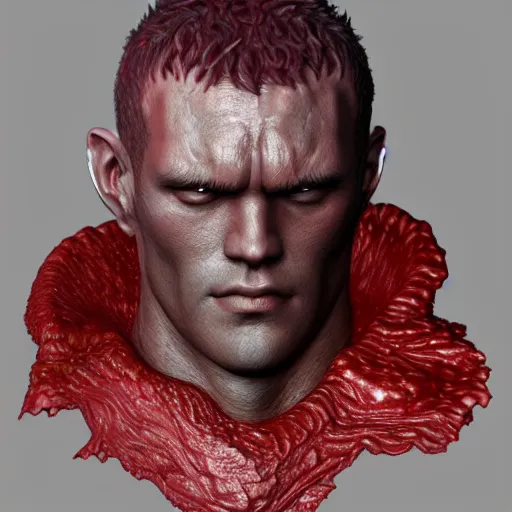 Image similar to portrait of guts from berserk submerged in red water, extremely detailed, made by Justin Fields artstation, zbrush