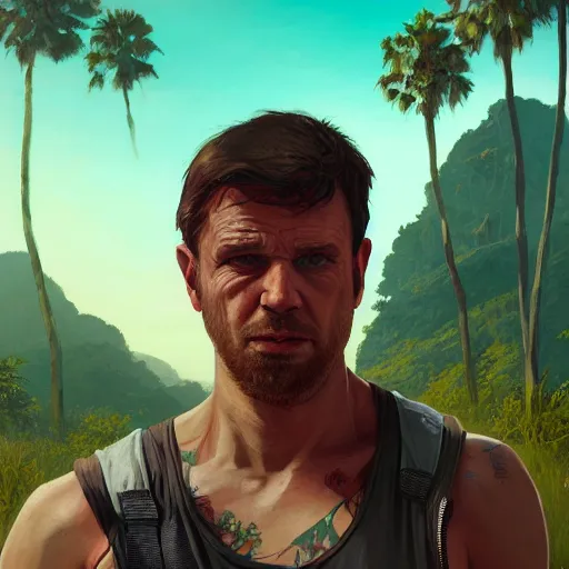 Image similar to highly detailed portrait rambo in gta v, stephen bliss, unreal engine, fantasy art by greg rutkowski, loish, rhads, ferdinand knab, makoto shinkai and lois van baarle, ilya kuvshinov, rossdraws, tom bagshaw, global illumination, radiant light, detailed and intricate environment