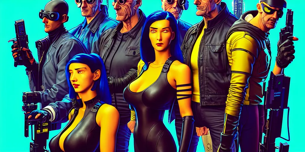 Image similar to cyberpunk heist crew. portrait by stonehouse and mœbius and will eisner and gil elvgren and pixar. character design. realistic proportions. dystopian. cyberpunk 2 0 7 7 character art, blade runner 2 0 4 9 concept art. cel shading. attractive face. thick lines. hi def 4 k. the team. detailed interesting characters. realistic expressive faces.