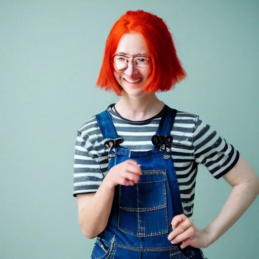 Image similar to A red haired woman dressed in overalls smiling at the camera in the style of Studio Ghibli