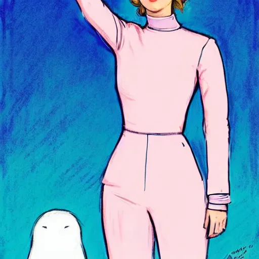 Prompt: Jennifer Lawrence in pastel pink spacesuit by Abigail Larson