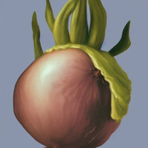 Prompt: onion man portrait, baroque painting, elated gaunt onion head