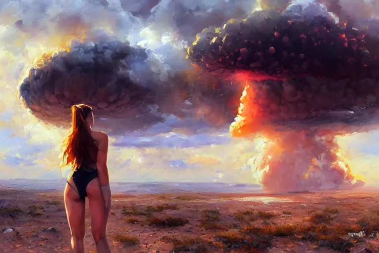 Image similar to girl with a ponytail wearing bikini looking at a nuclear bomb test, expressive oil painting, digital art, high quality, by michael garmash, by rob rey, by artgerm, by greg rutkowski, beautiful girl, apocalyptic, huge nuclear mushroom cloud
