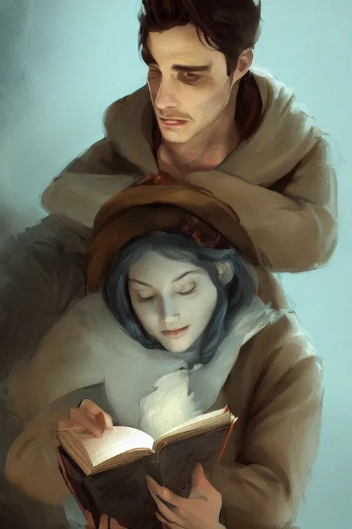 Image similar to concept art of fitzchevalry reading the book les antiseches du bonheur of jonathan lehmann, nighteyes is looking warmly over his shoulders, by aenaluck, artgerm and roberto ferri and greg rutkowski, blue and white tones, digital painting, artstation, concept art, smooth, sharp foccus ilustration hq