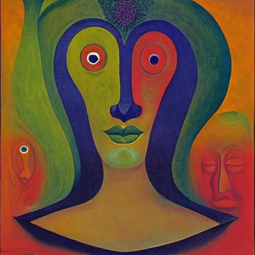 Image similar to floral face portrait by leonetto cappiello and wojciech siudmak and ernst fuchs, anni albers, oil on canvas