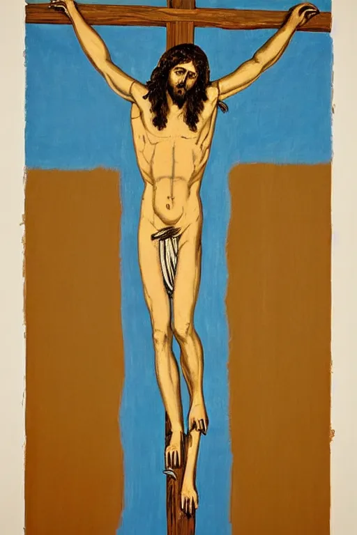 Prompt: jesus christ crucified painted by cy twombly and andy warhol, both classic and pop colors