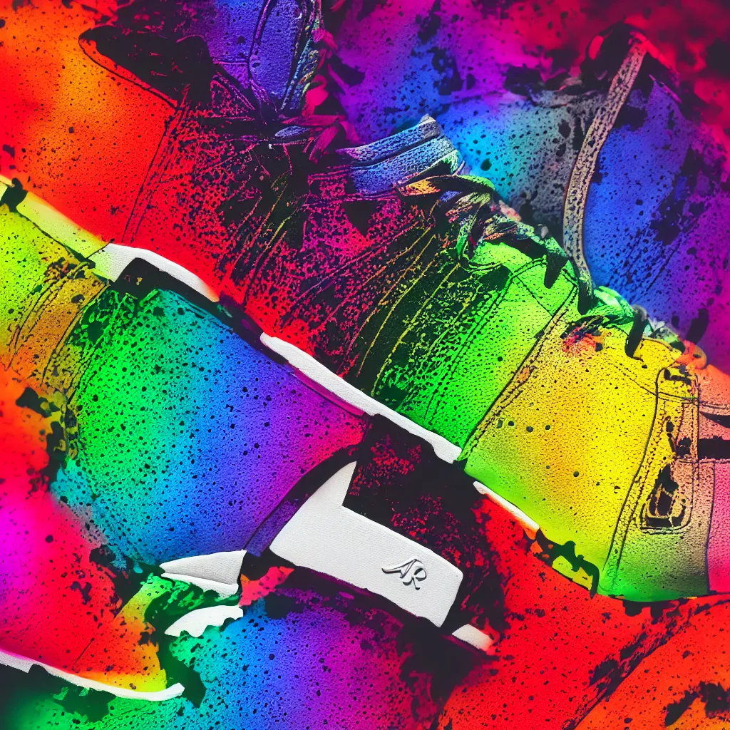 Prompt: photography of a realistic rainbow color air force sneaker, ultra detailed, 8 k, black background