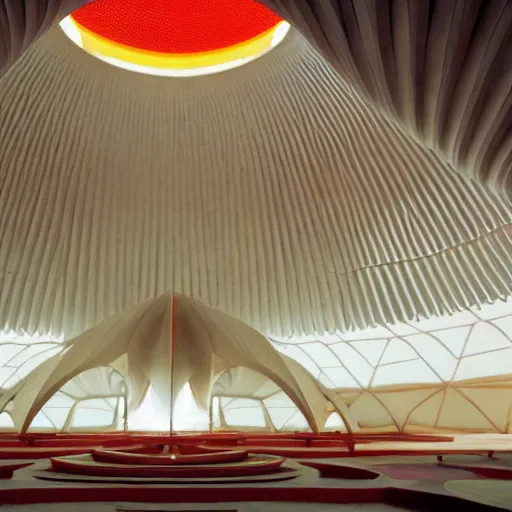 Image similar to interior of a futuristic lotus temple with gold, red and white marble panels, in the desert, by buckminster fuller and syd mead, intricate contemporary architecture, photo journalism, photography, cinematic, national geographic photoshoot