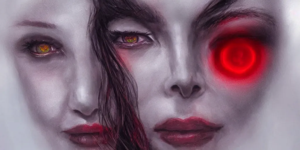 Image similar to realistic portrait of a witch woman with glowing red eyes, detailed, ultra realistic, 8 k