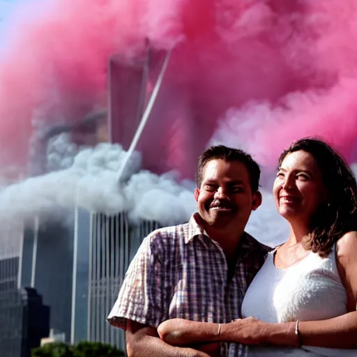 Prompt: a close up of a smiling couple of parents to be, in front of 9 / 1 1 with pink smoke