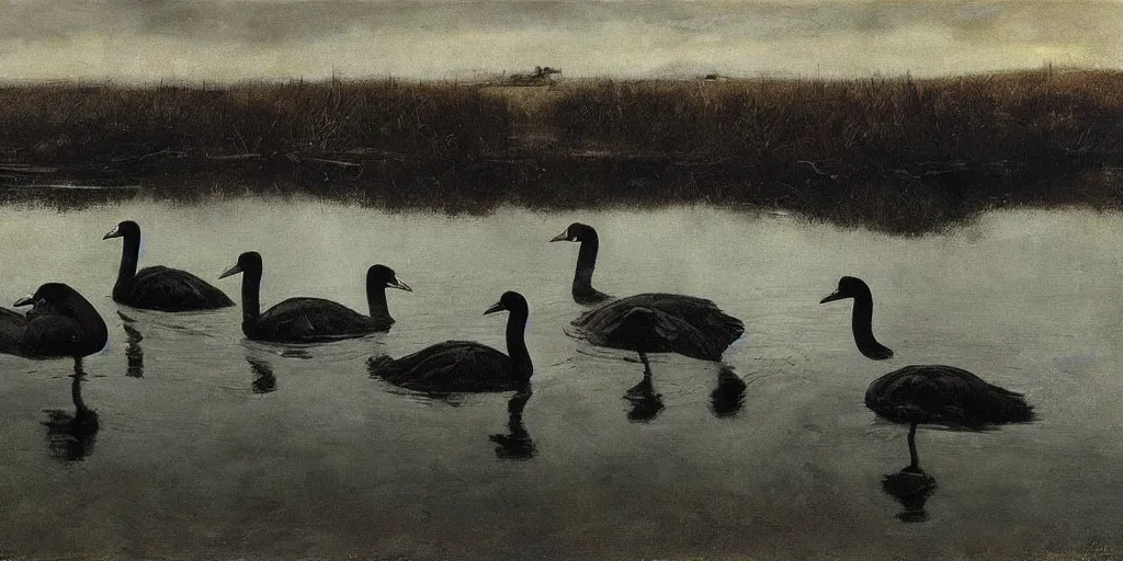 Image similar to black swans all mixed together in the dark waters. by andrew wyeth, john dollman and nicola samori