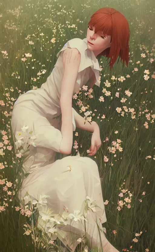 Image similar to southern ginger woman in a cream dress, freckled, sitting among flowers, airbrushed, hazy, gentle, soft lighting, wojtek fus, by makoto shinkai and ilya kuvshinov,