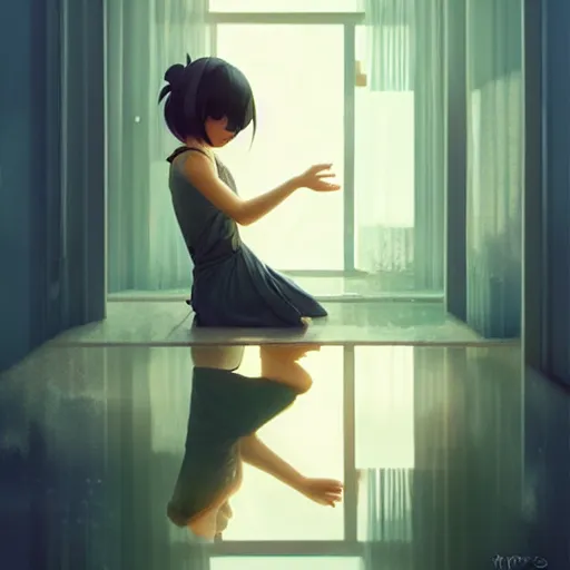 Image similar to very small little girl by ross tran : : reaching into their reflection in the mirror by sana takeda : : rtx reflections, very high intricate details, digital anime art by artgerm, medium shot, mid - shot, composition by ilya kuvshinov, lighting by greg rutkowski