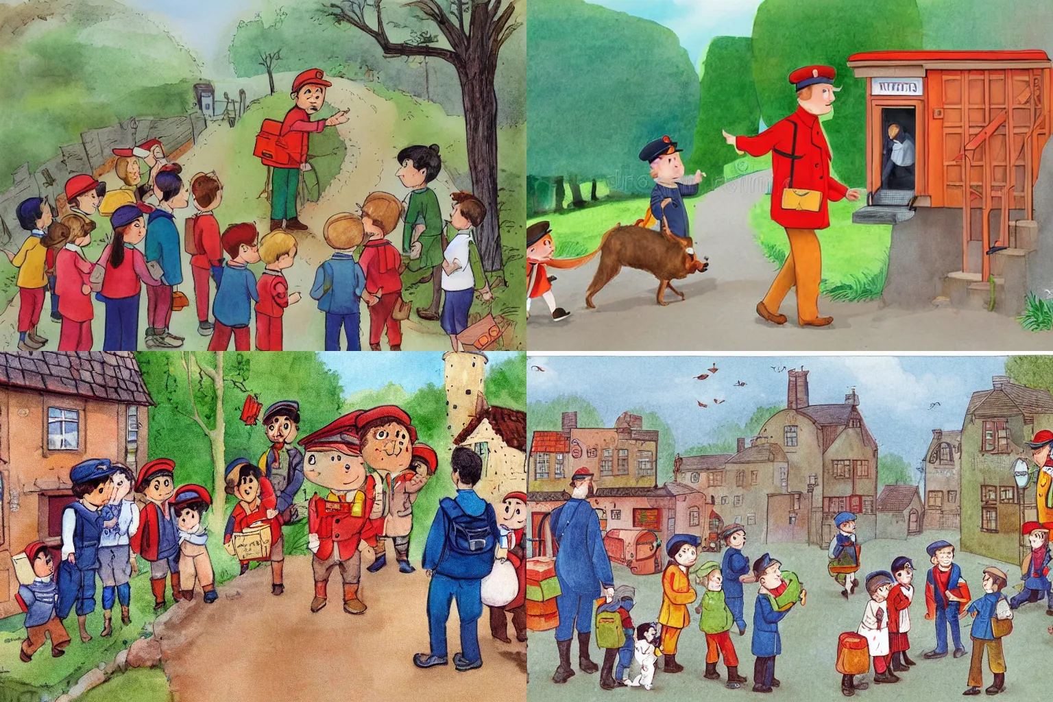 Prompt: look, a postman is coming and greeting us, everyone is looking at him and wondering what he has brought, children's book illustration style